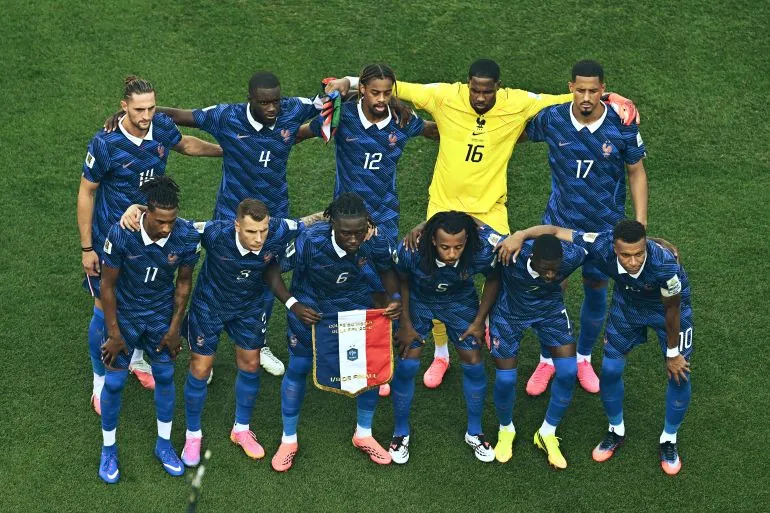 France's players pose for a team photo ahead of the 2026 World Cup round of 16 football match between Paraguay and France at the Philadelphia Stadium in Philadelphia on July 4, 2026.
